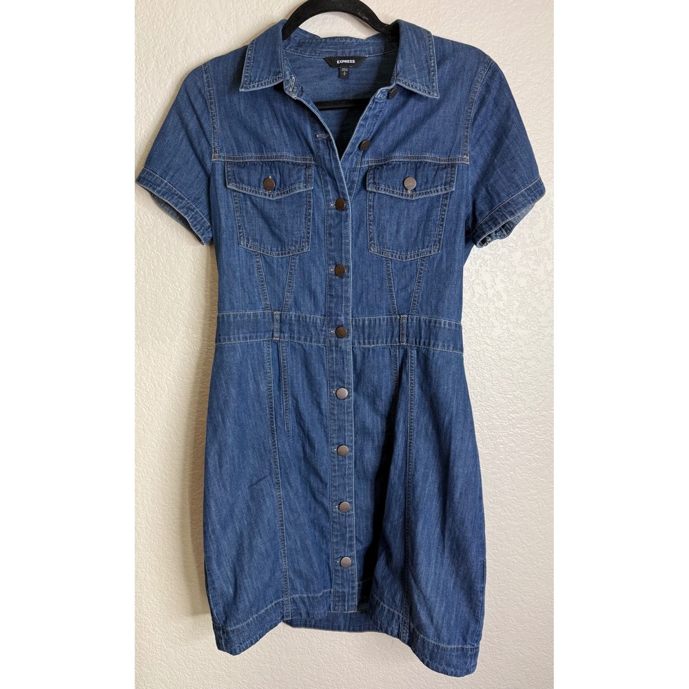 Express Womens S Blue Denim Shirt Dress Short Sleeve Button Front Mini Preppy